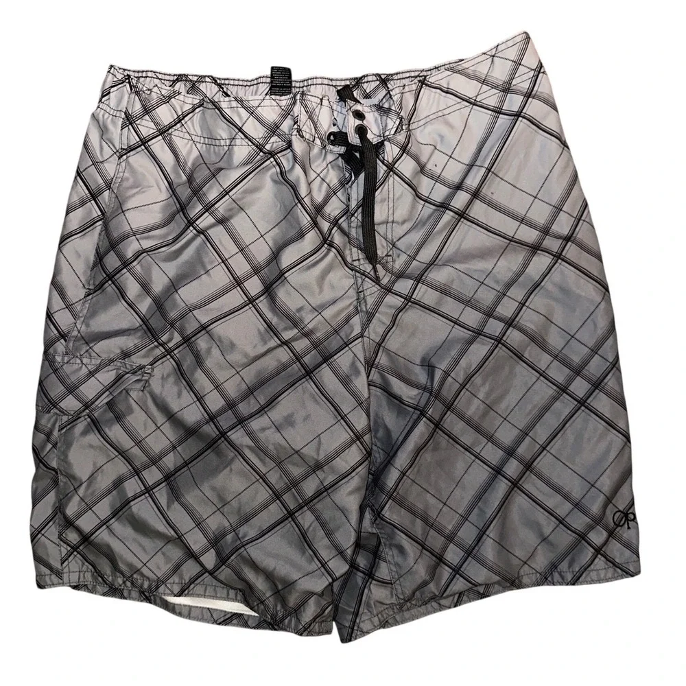 Ocean Pacific Mens Grey Plaid Board Shorts Swim Trunks XL 40-42 Side Pocket OP